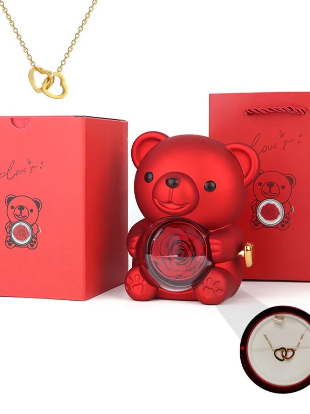 Hidden Necklace Gift Box – Rotating Rose Bear Jewelry Box